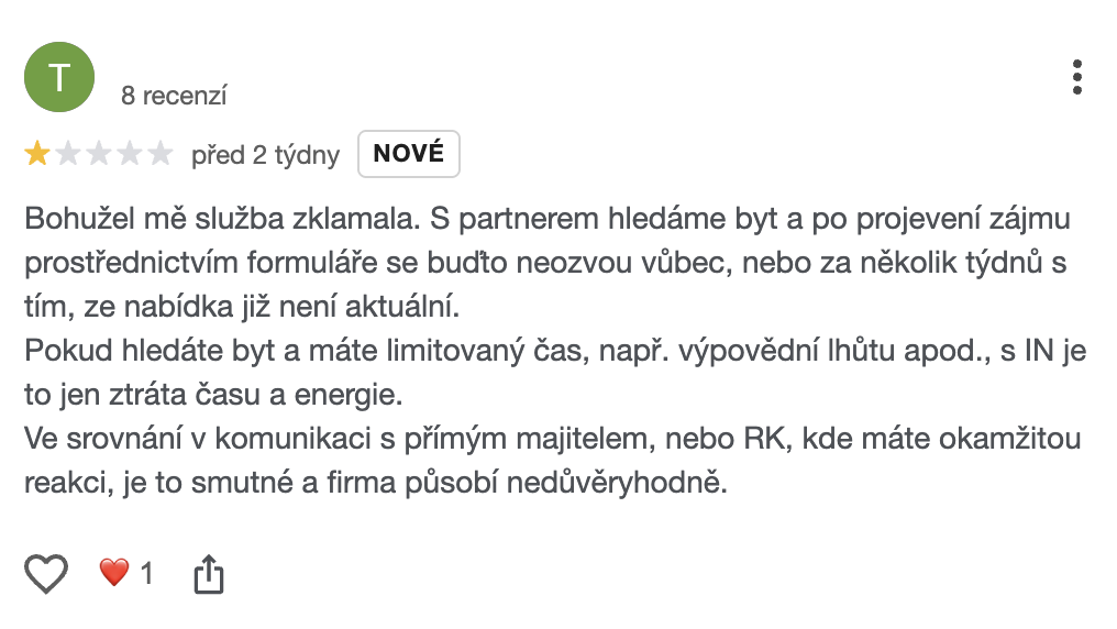 Nejnovější negativní recenze – Ideální nájemce (screenshot)